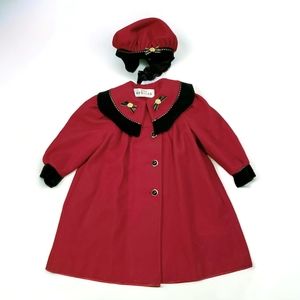 Spoiled bebe Girls 5 Wool Blend Coat Matching Hat Red Black Velvet A Line Bows